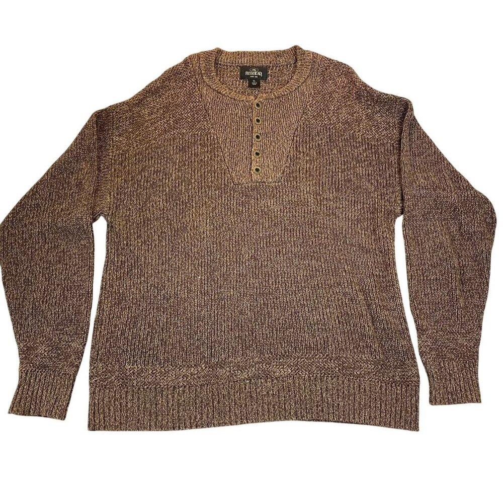 Redhead Mens Henley Sweater XL Cotton/Acrylic Blend Brown Textured Knit